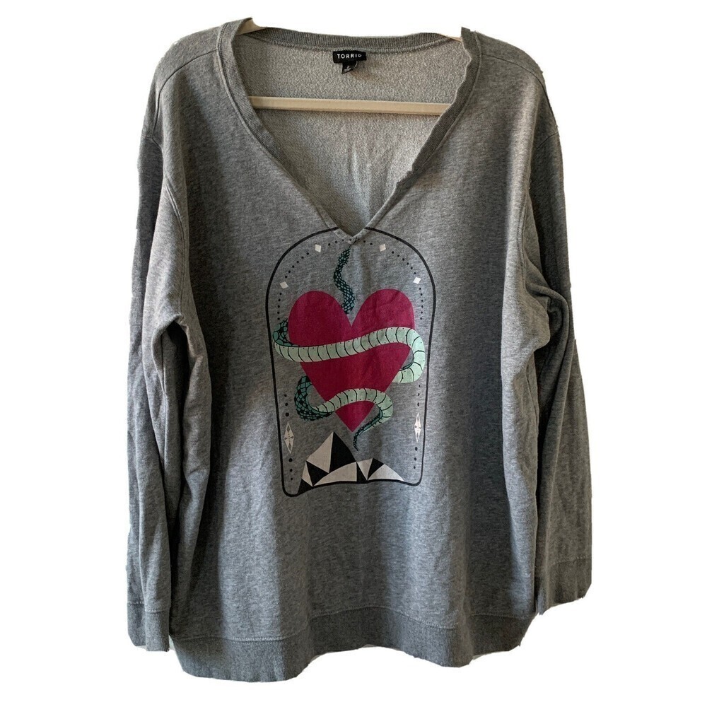 Torrid Womens Plus Size 2X  Snake Heart Grey Terry Split Neck Sweatshirt - Picture 2 of 7